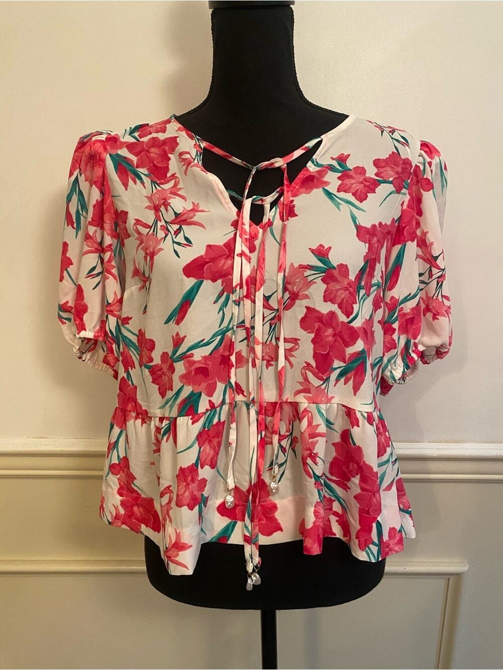 CeCe White Blouse with Pink Floral Tie-Neck Pearl Accent Peasant Top Coquette